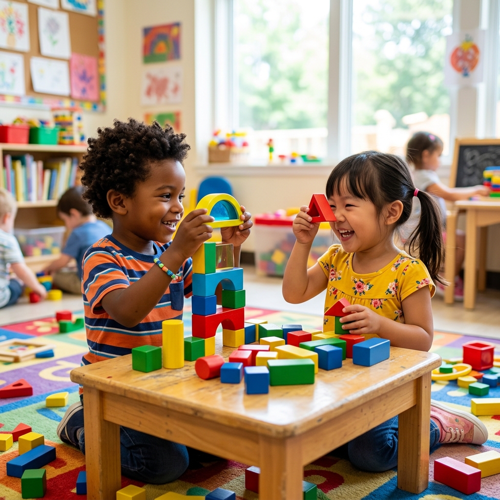 Children playing with colorful blocks